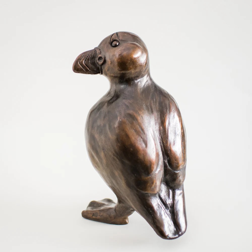 bronze Puffin Garden Statue rear wing detail
