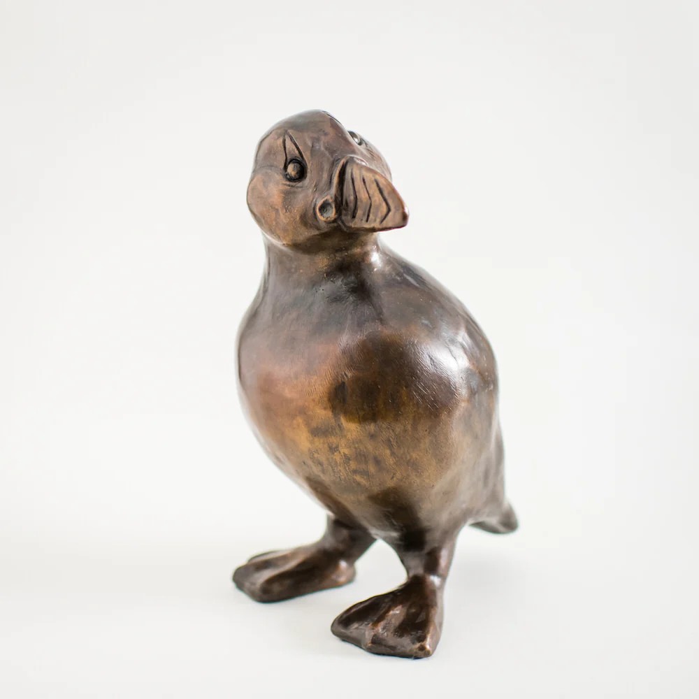 bronze Puffin Garden Statue tilted head view