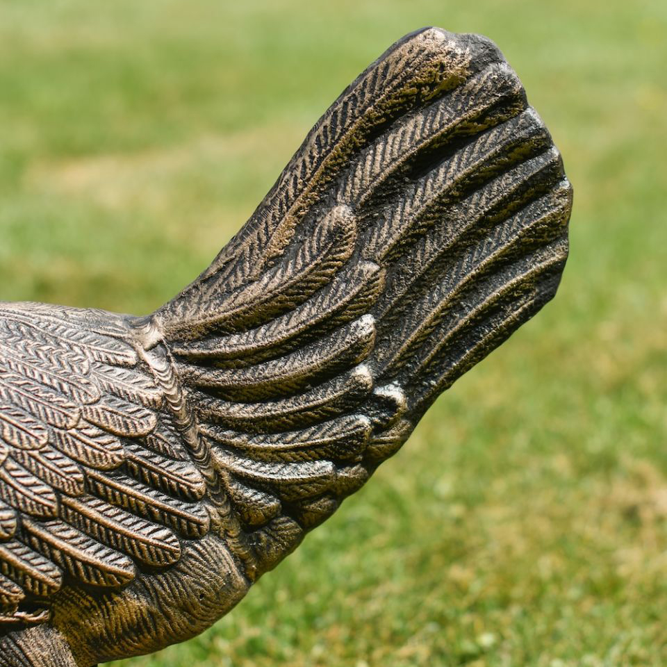 bronze Rooster Yard Statue tail detail