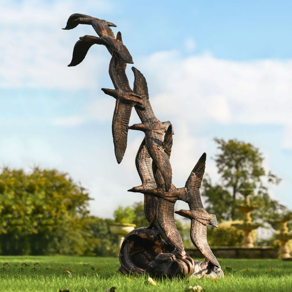 bronze Seagull Garden Statue flock in flight
