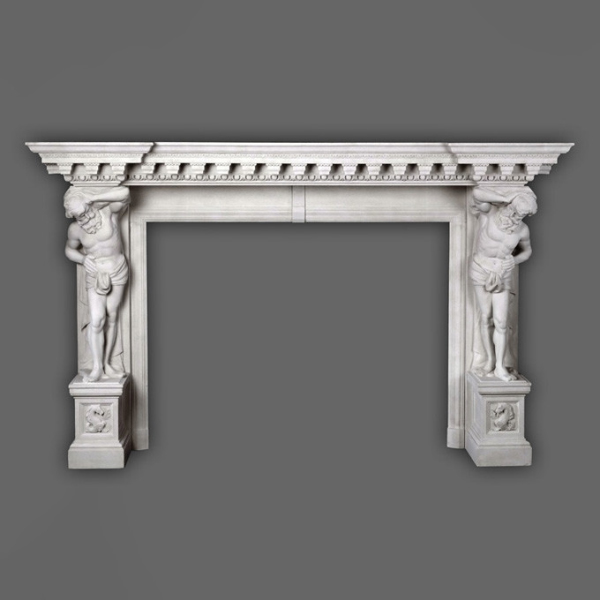 grand Marble Stone Fireplace Surround with dual Hercules figures and classical architectural detailing