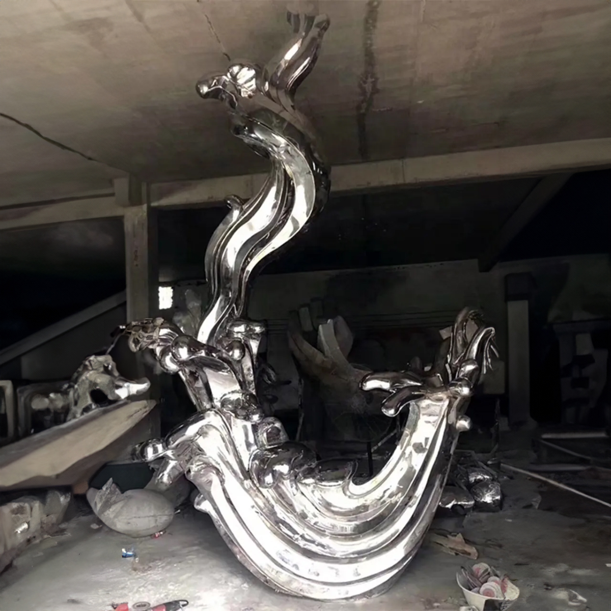 stainless steel Wave Art Sculpture under construction