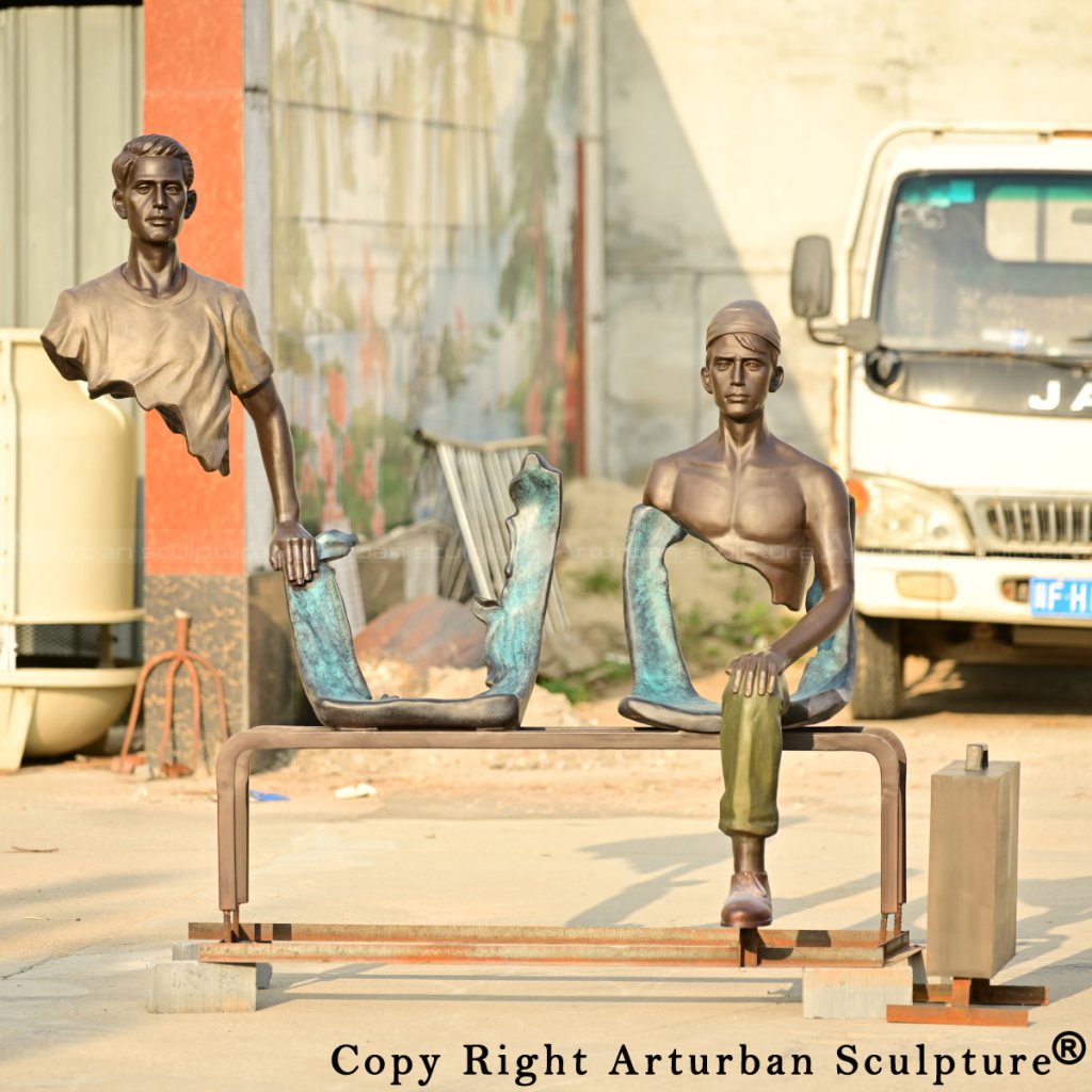 5-bronze Les Voyageurs Sculpture, with detailed human expressions and missing body parts