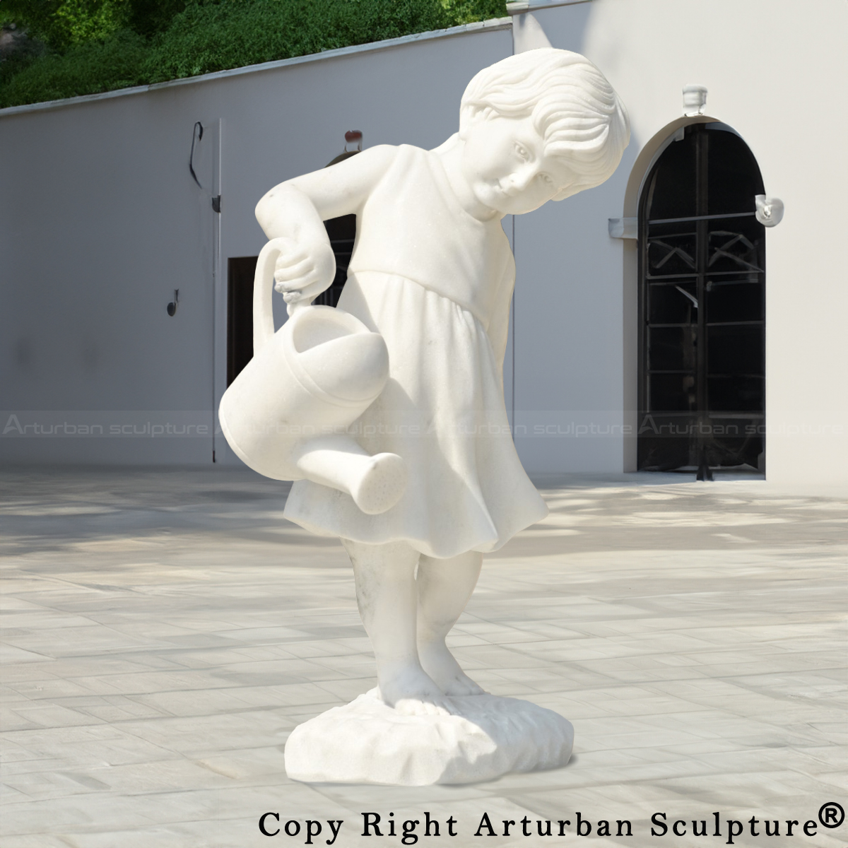1-Marble Girl with Watering Can Statue in white stone
