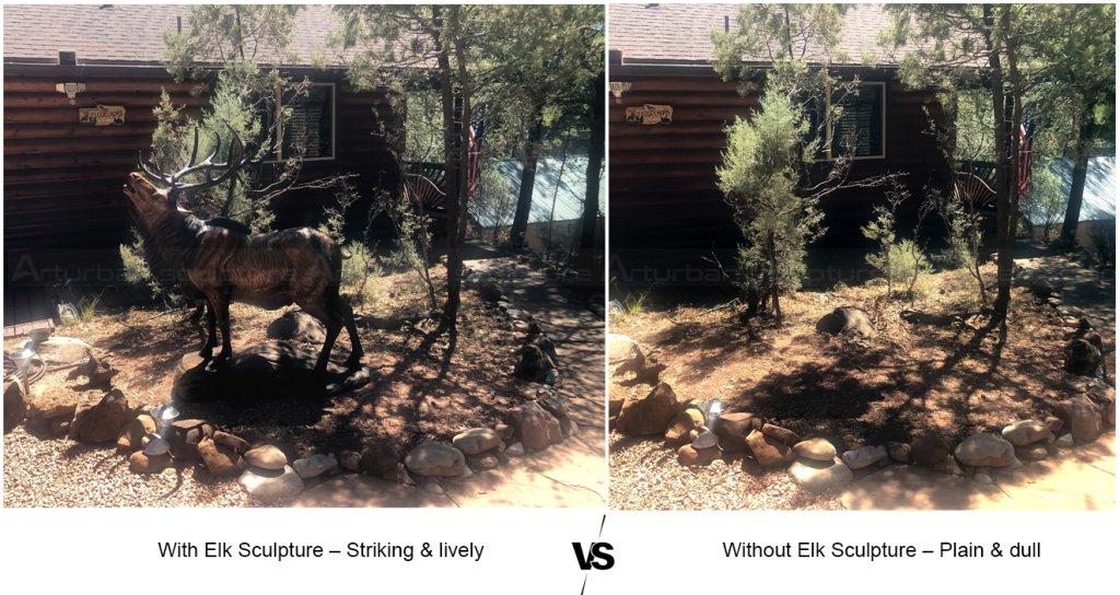 1.1 Elk sculpture makes garden striking and lively vs plain without it