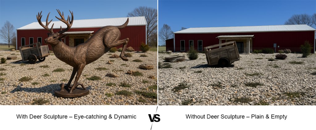 1.2 Farmhouse yard decorated with deer sculpture compared to plain yard