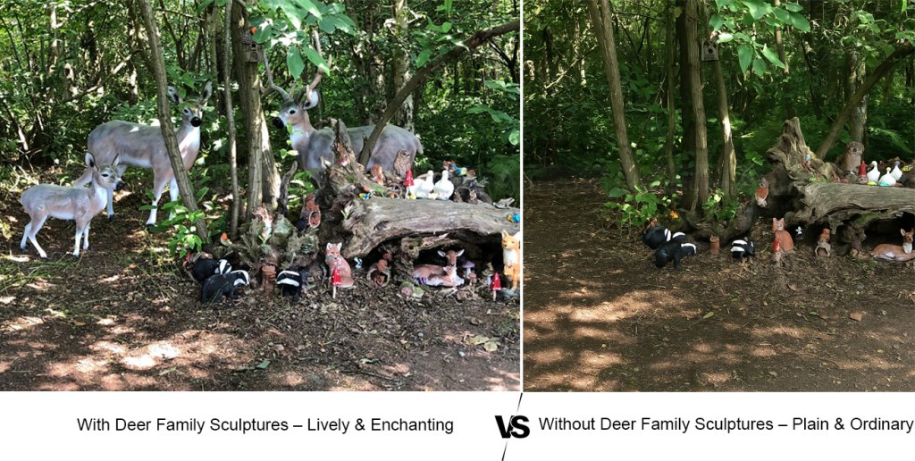 1.3 Woodland decorated with white-tailed deer family sculptures vs woodland without sculptures