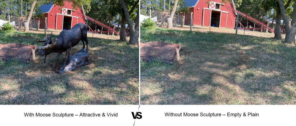1.4 Farmyard with moose sculpture looking vivid vs empty yard without it