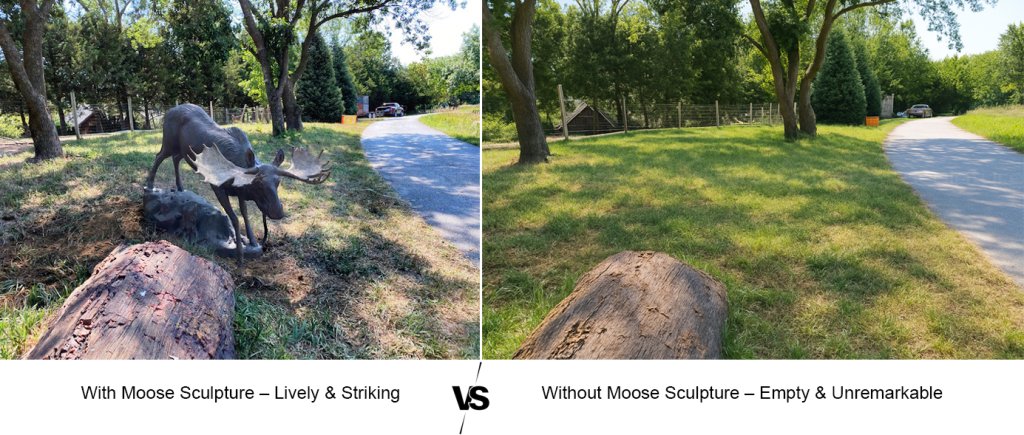 1.5 Moose sculpture adds striking charm to roadside yard vs unremarkable without it