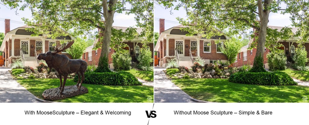 1.6 House garden with elegant moose sculpture vs simple bare garden without it