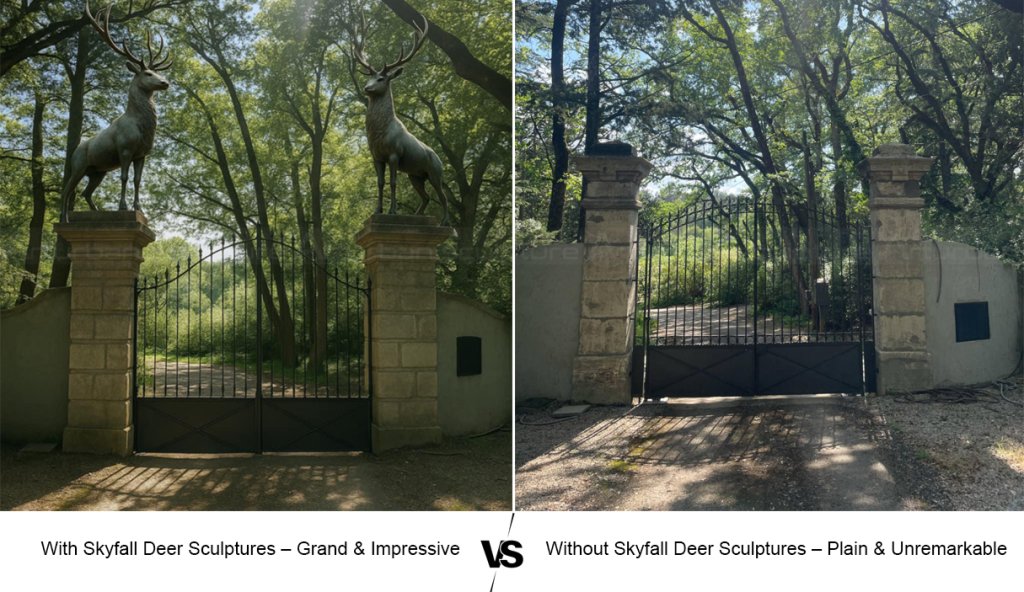 1.7 Grand entrance with Skyfall deer sculptures vs plain gate without them