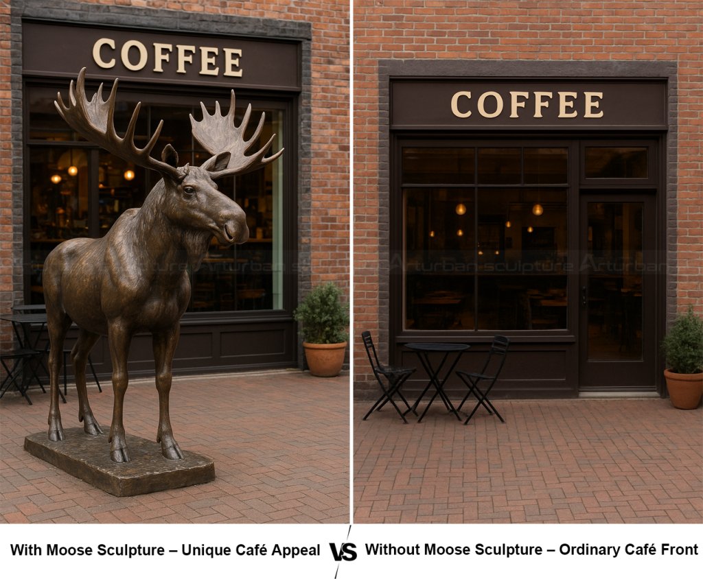 1.8 Unique café front with moose sculpture vs ordinary café without it