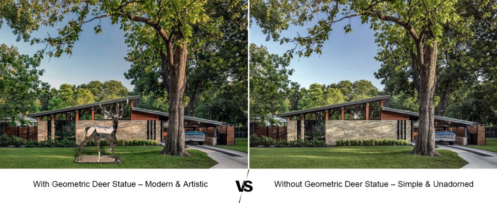 1.9 Modern yard with geometric deer statue vs simple unadorned yard without it