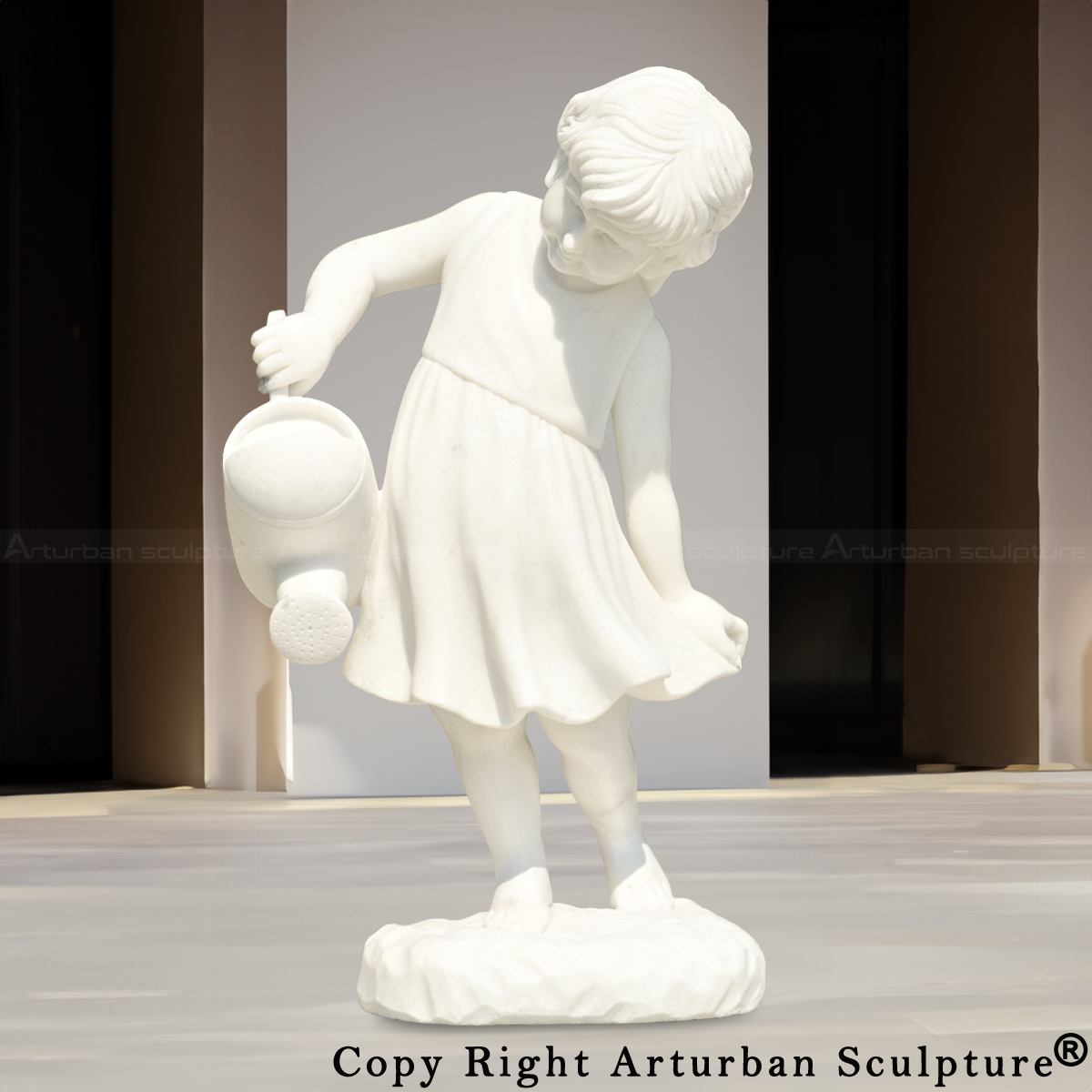 2-Marble Little Girl Garden Sculpture holding a watering can