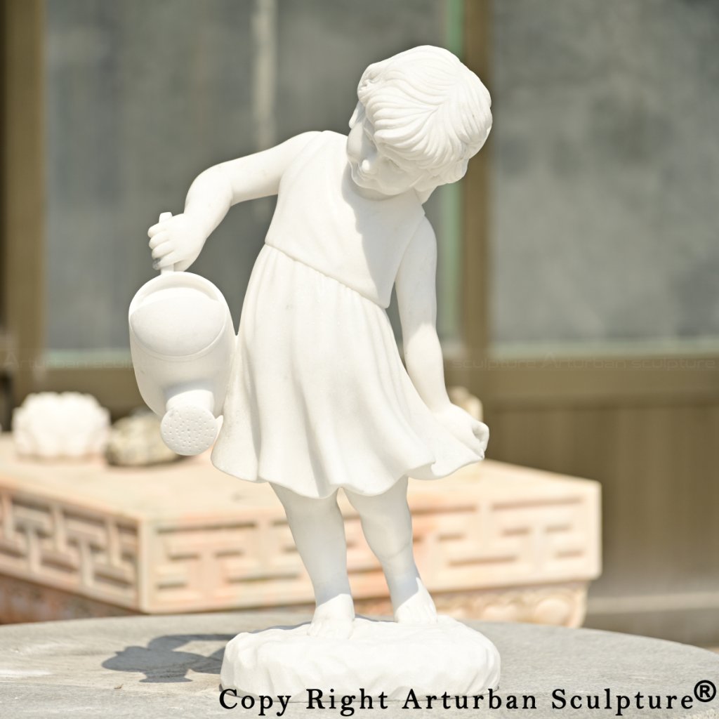 3-Girl Watering Flower Statue with realistic child gesture