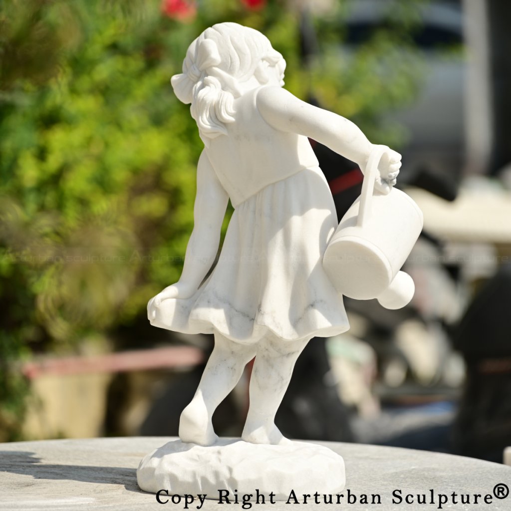 3-back view of Child Garden Statue of a marble girl with a watering can