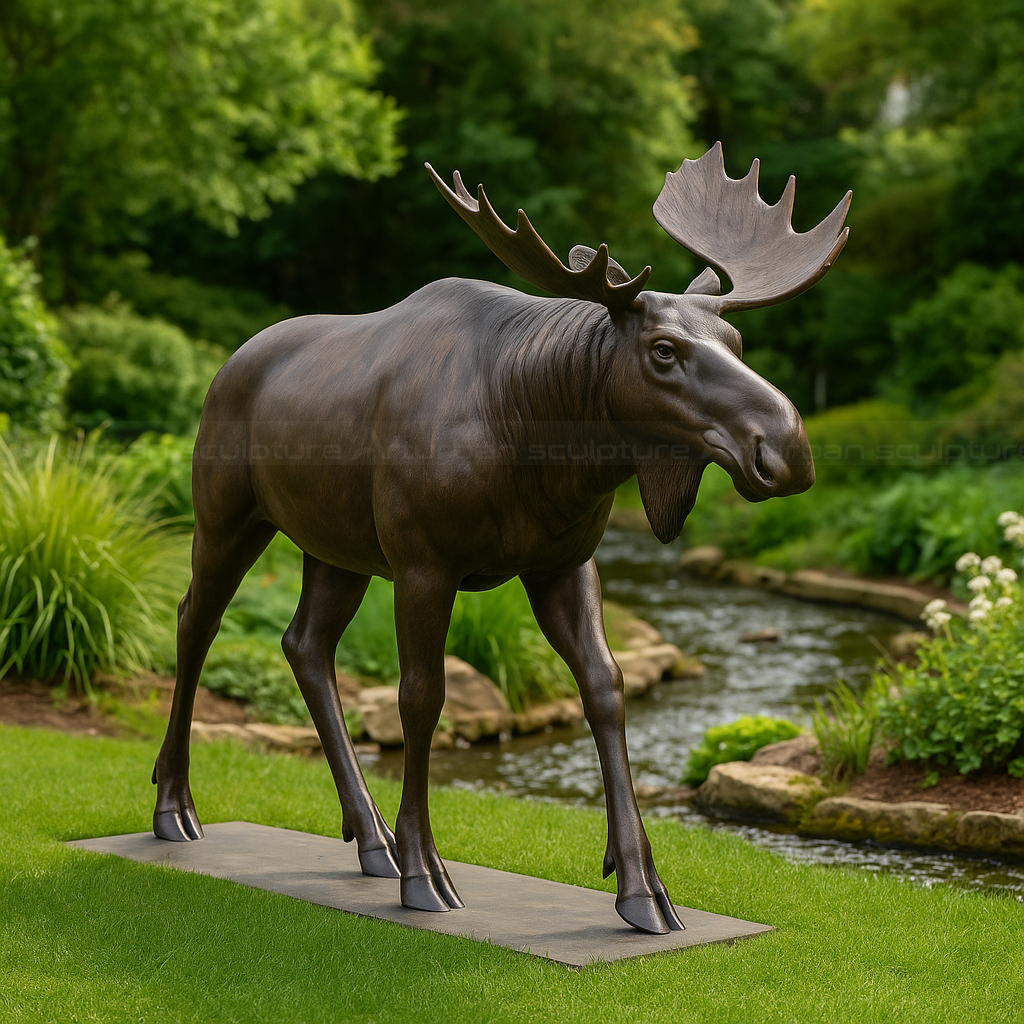 3.1 bronze moose sculpture standing on a flat base in a landscaped garden