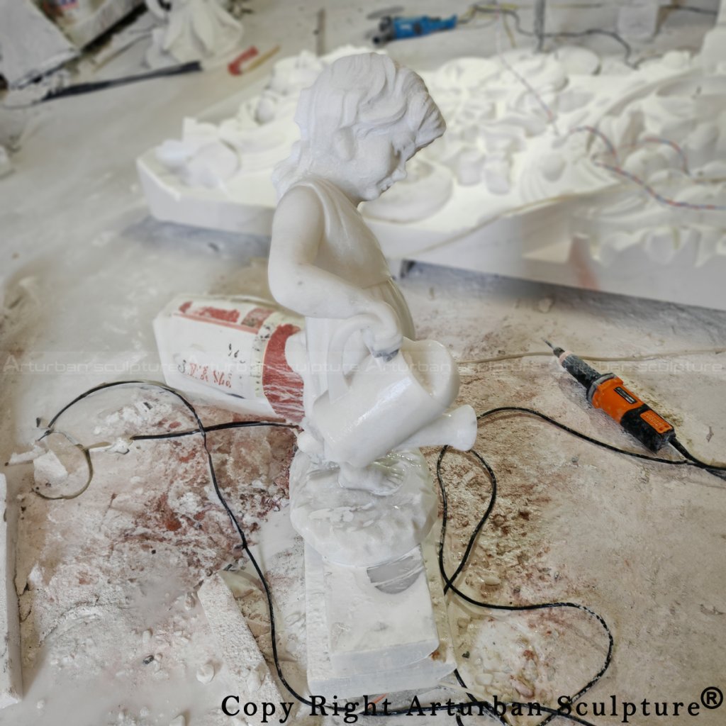 4-Child Garden Statue in marble carving process