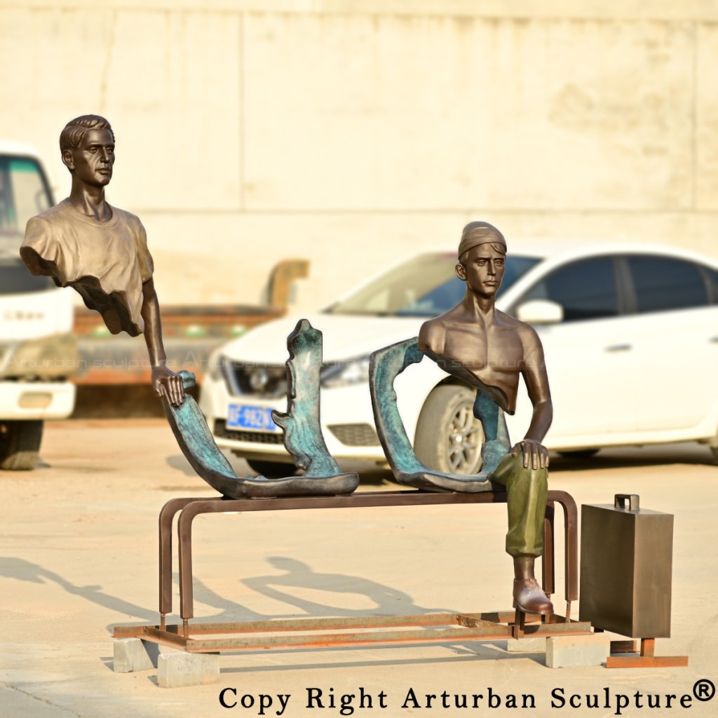 0-Les Voyageurs Sculpture in bronze, featuring two fragmented travelers