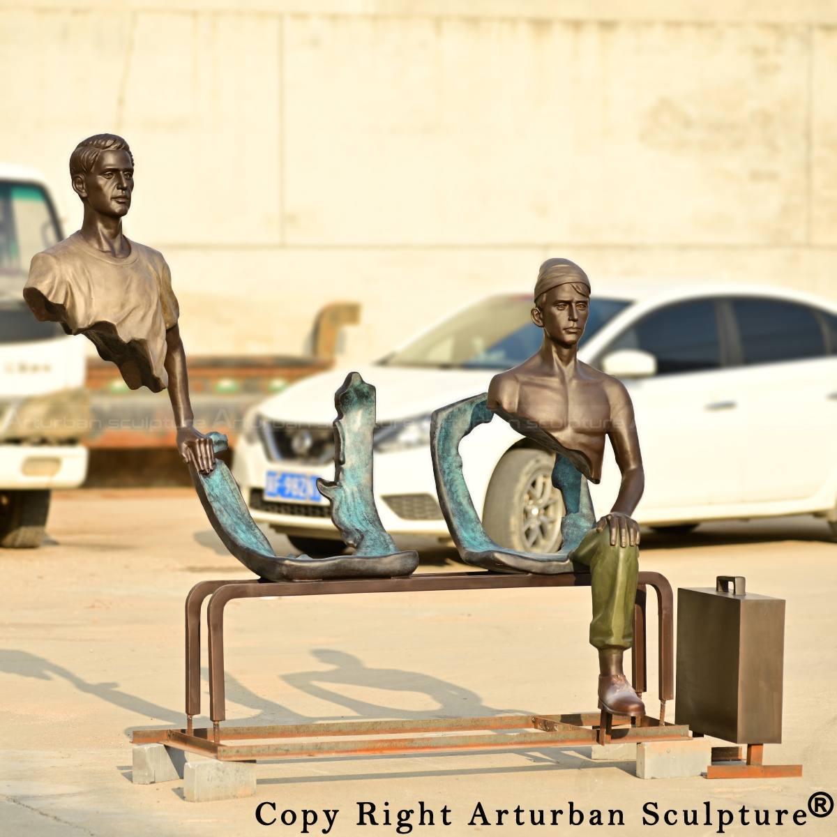 0-Les Voyageurs Sculpture in bronze, featuring two fragmented travelers