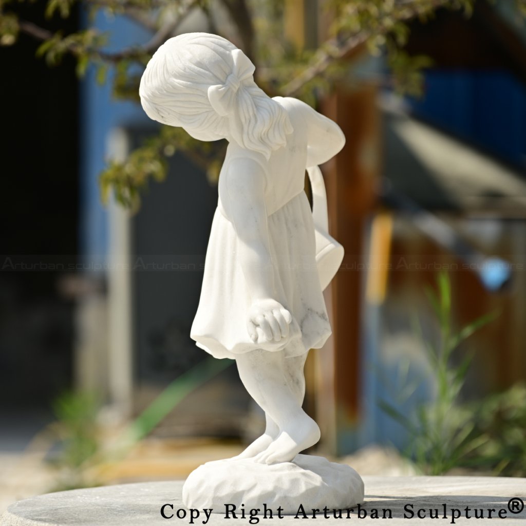 6-Child Garden Statue of a marble girl in playful pose, holding watering can