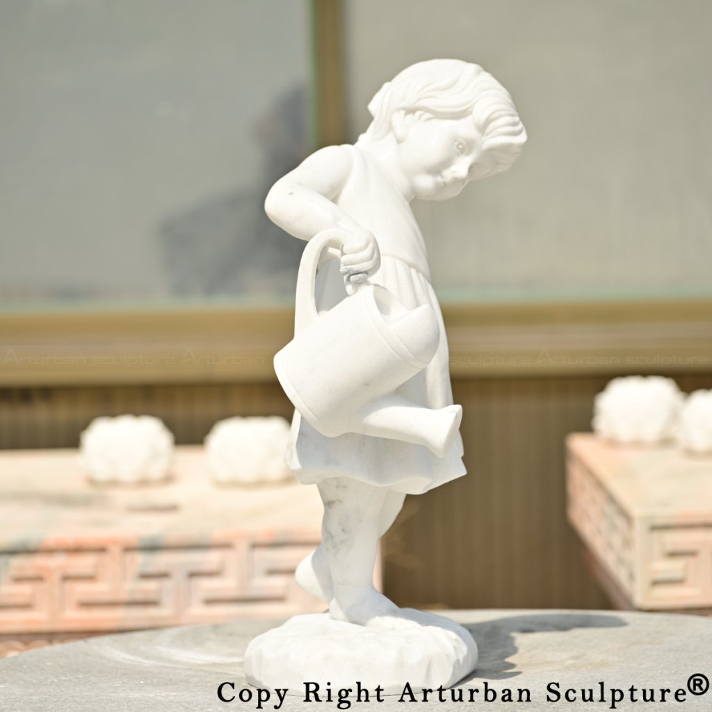 7-Girl Watering Flower Statue showing flowing dress folds and lifelike child posture