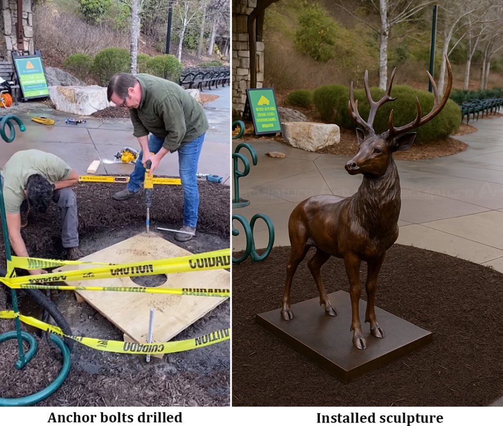 8.2 Bronze elk sculpture being installed with anchor bolts