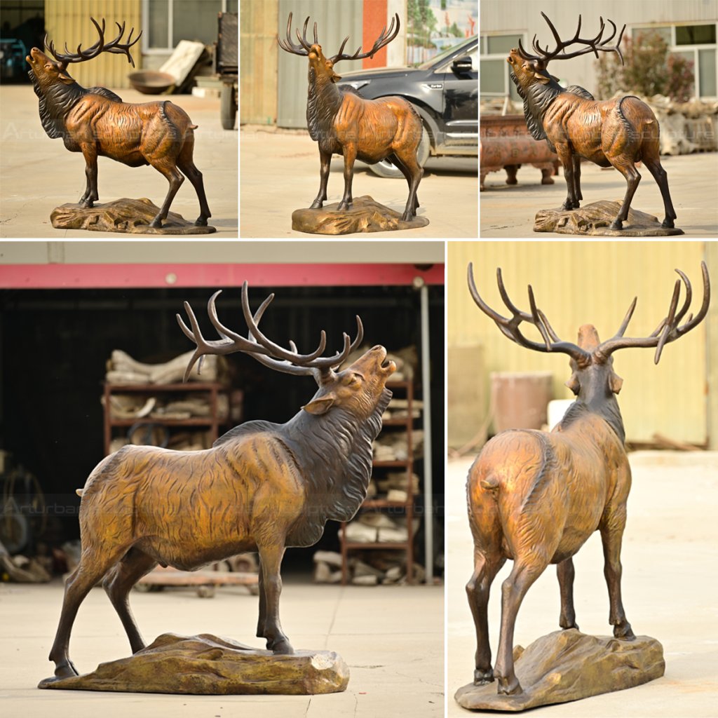 A collage of multiple angles of a bronze elk deer sculpture for yard