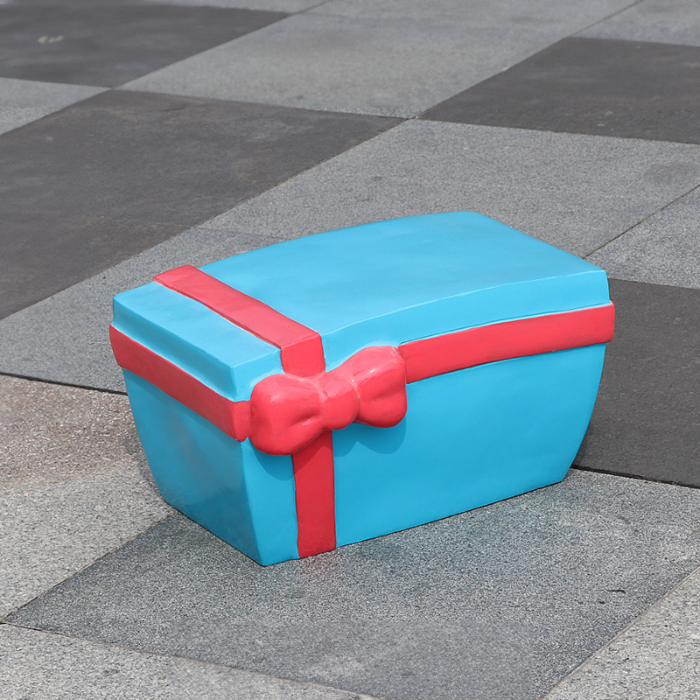 Blue fiberglass Large Christmas Gift Box Statue with red ribbon and bow