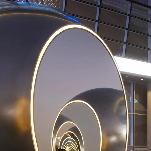 Close-up view of concentric openings in Stainless Steel Sphere Statue