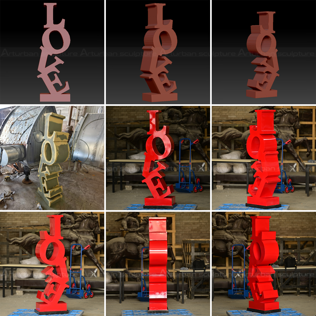 Collage showing the design, production, and finished form of a stainless steel Red Love Sculpture Art in cherry red, with stacked letters L, O, V, and E arranged vertically