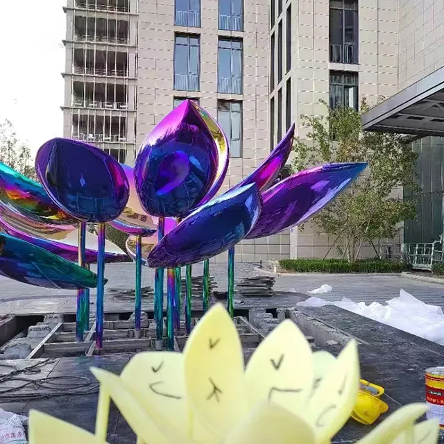 Stainless steel Lotus Flower Garden Sculpture with iridescent gradient petals