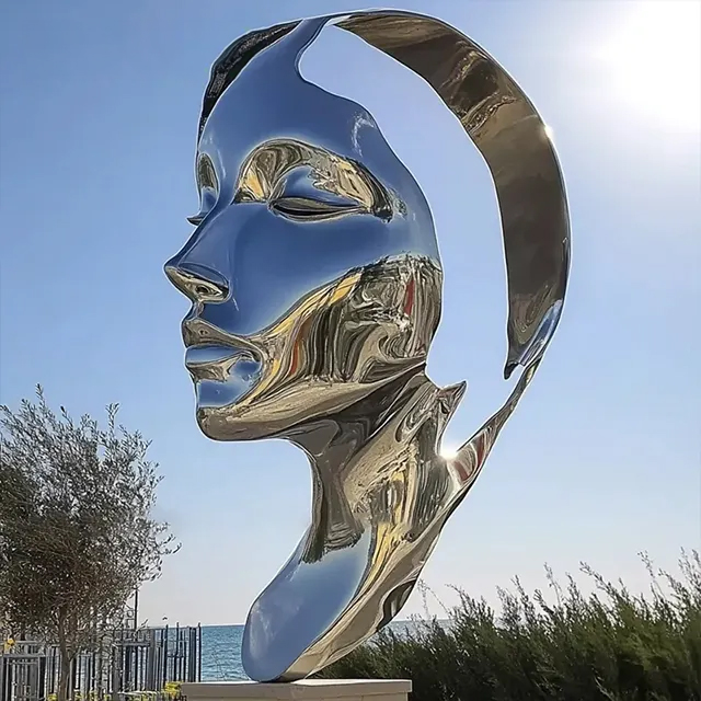 Contemporary Large Face Sculpture in stainless steel