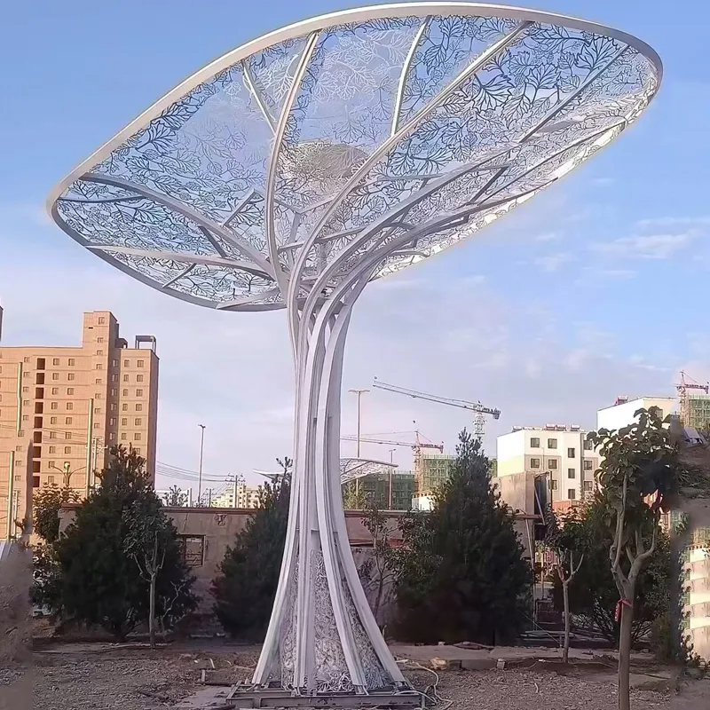 Contemporary Tree Sculpture crafted from stainless steel with laser-cut leaf patterns