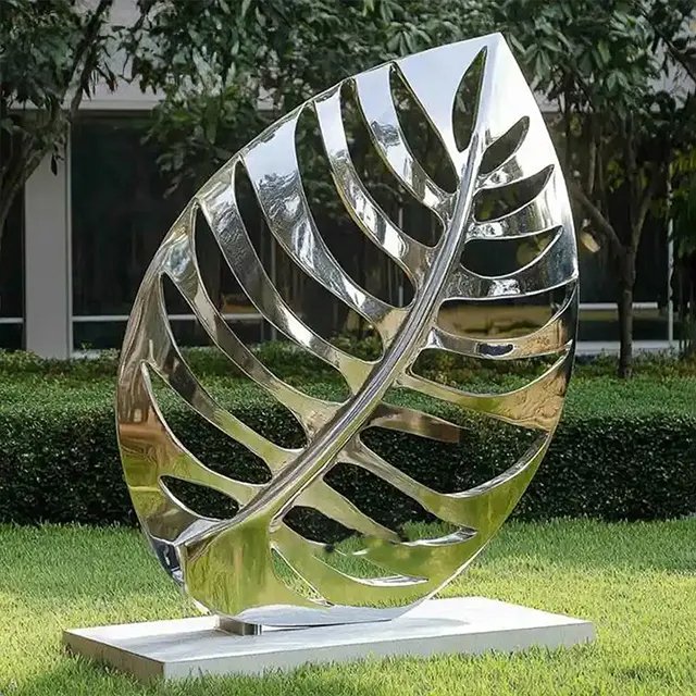 Contemporary stainless steel Silver Leaf art Sculpture with hollow cutout design
