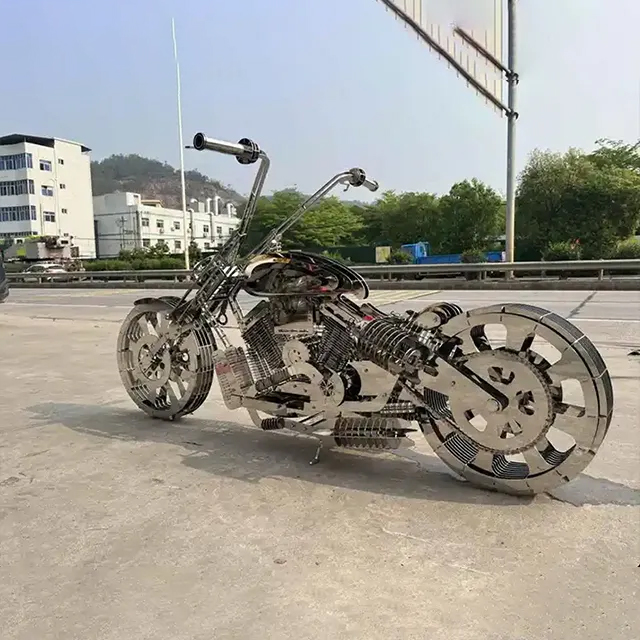 Custom stainless steel Motorcycle Garden Statue with hollow-cut wheels