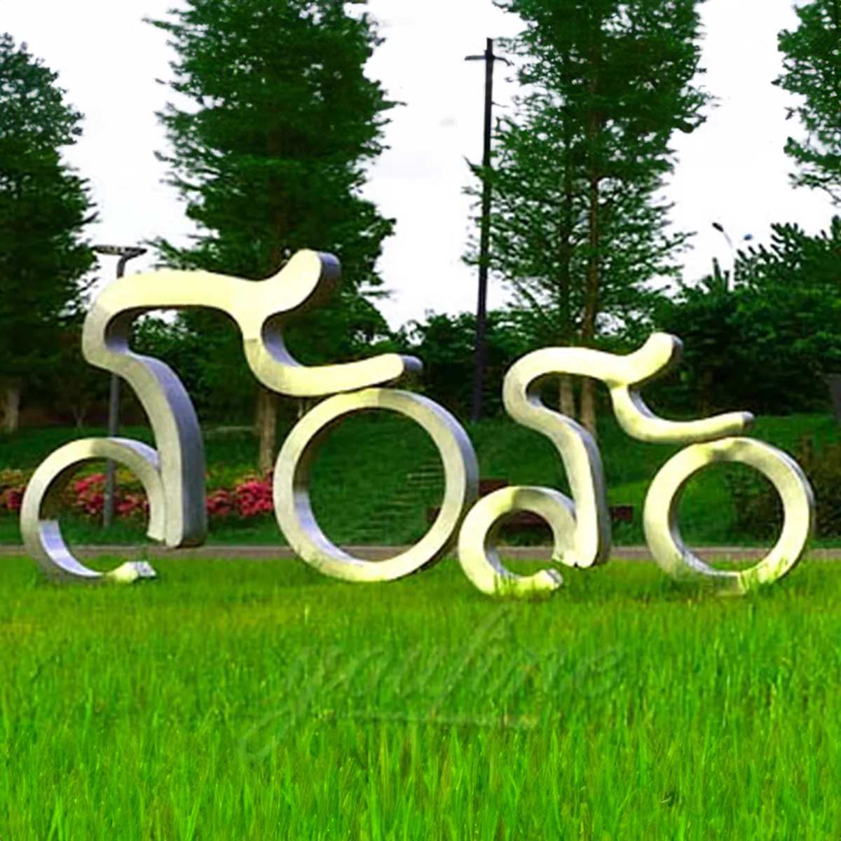 Cycling Art Sculpture in stainless steel with abstract curved lines forming a bicycle and rider