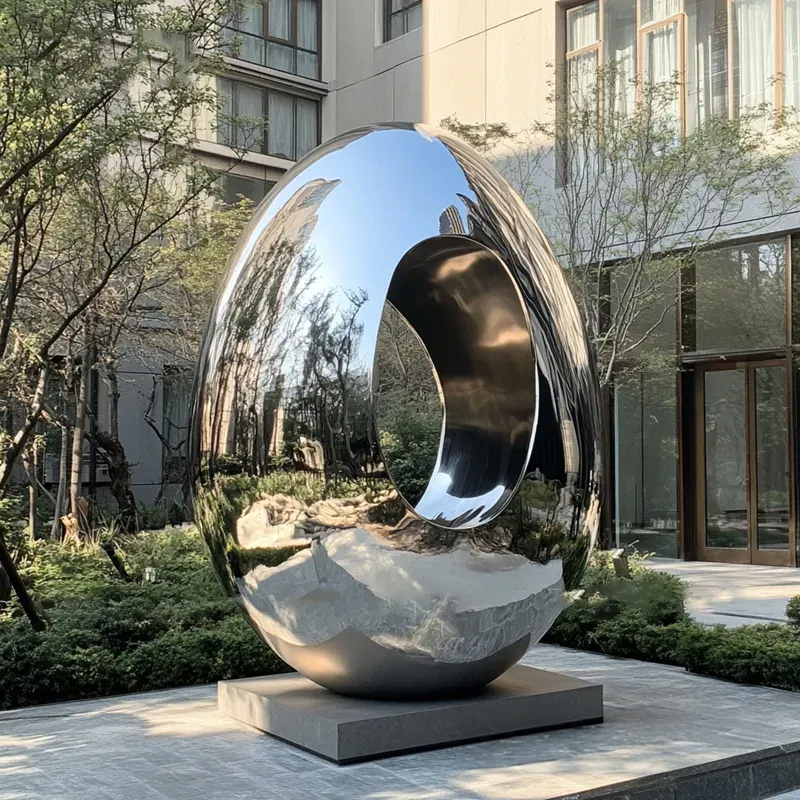 Egg shaped sculpture in stainless steel with large oval opening