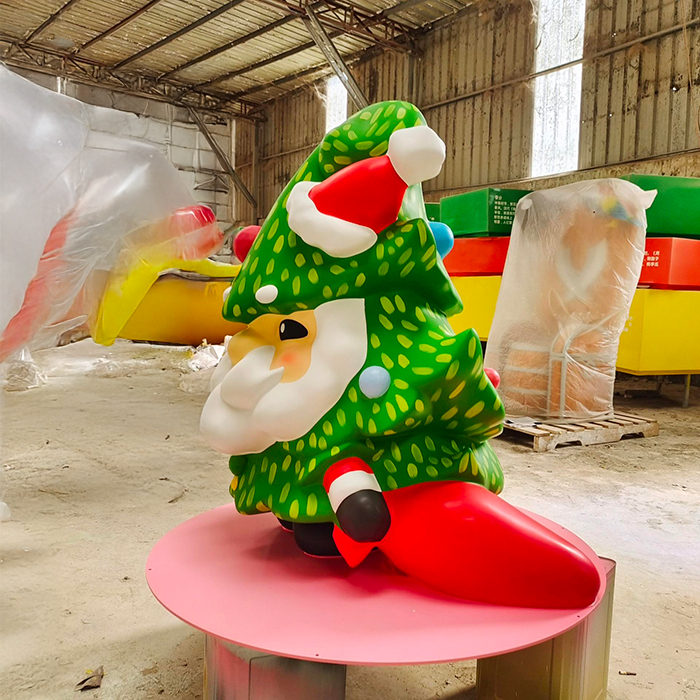 Fiberglass Christmas Santa Statue in green tree shape with red ornaments