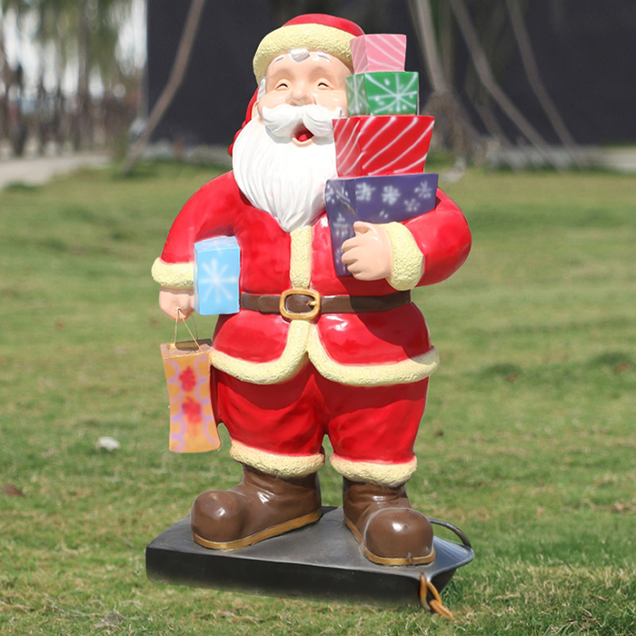 Fiberglass Father Christmas Outdoor Statue holding colorful gift boxes