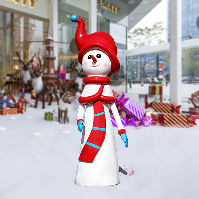Fiberglass Indoor Snowman Statue with red bent-top Christmas hat