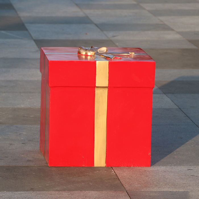Fiberglass Large Christmas Box Decoration in bright red with golden bow