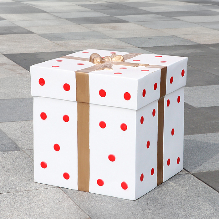 Fiberglass Large Christmas Box Decoration in white with red polka dots and golden ribbon for holiday events