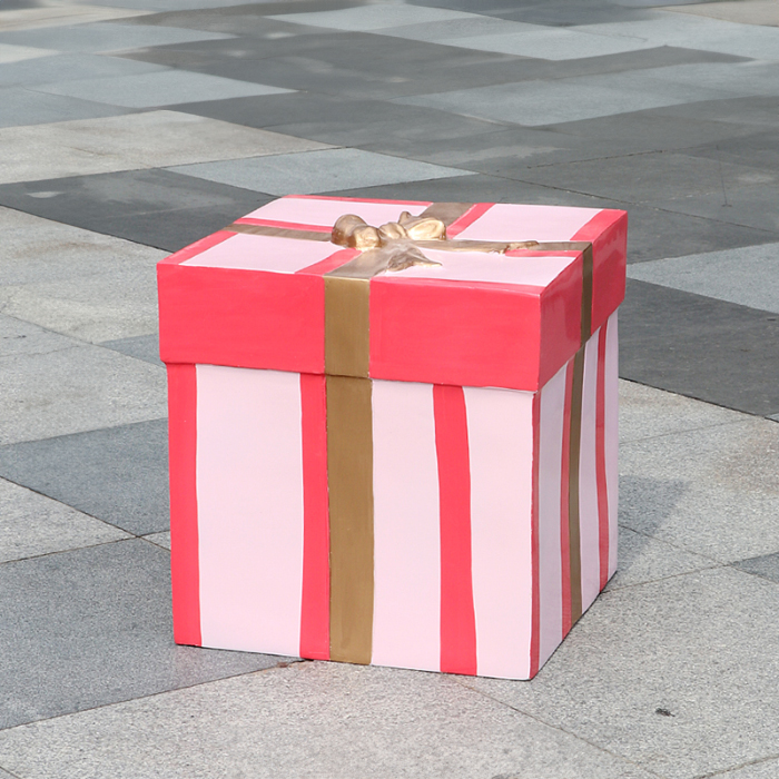 Fiberglass Large Christmas Box Decoration with red and white stripes and golden bow