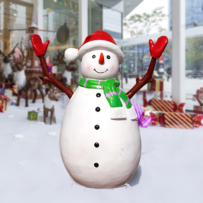 Fiberglass Lawn Snowman Sculpture with red Christmas hat, green scarf, and red gloves