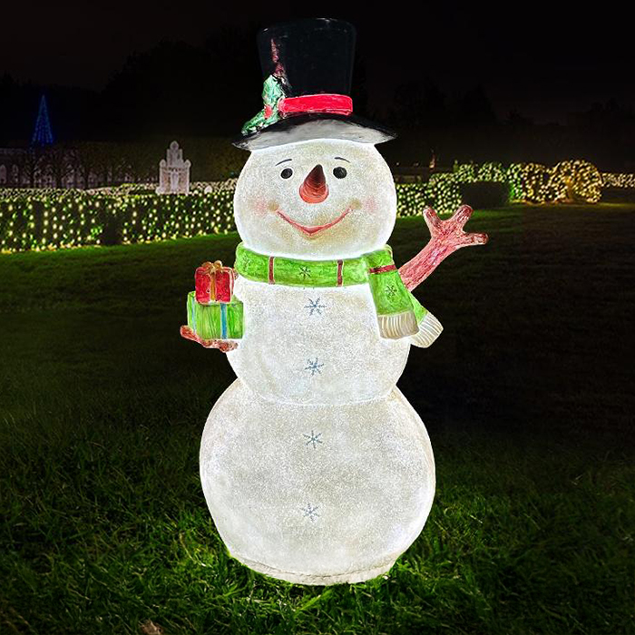 Fiberglass Lighted Snowman Yard Decoration with black top hat and green scarf