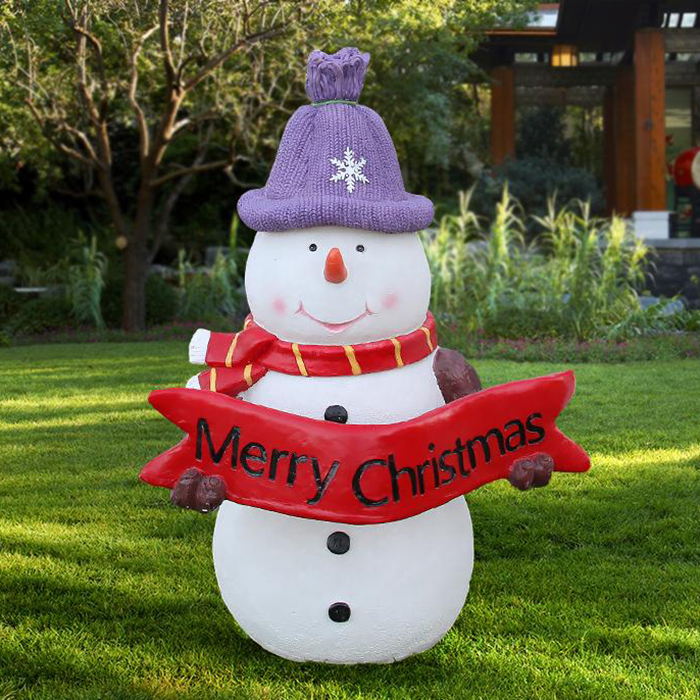 Fiberglass Lighted Snowman Yard Decoration with purple hat and red Merry Christmas banner