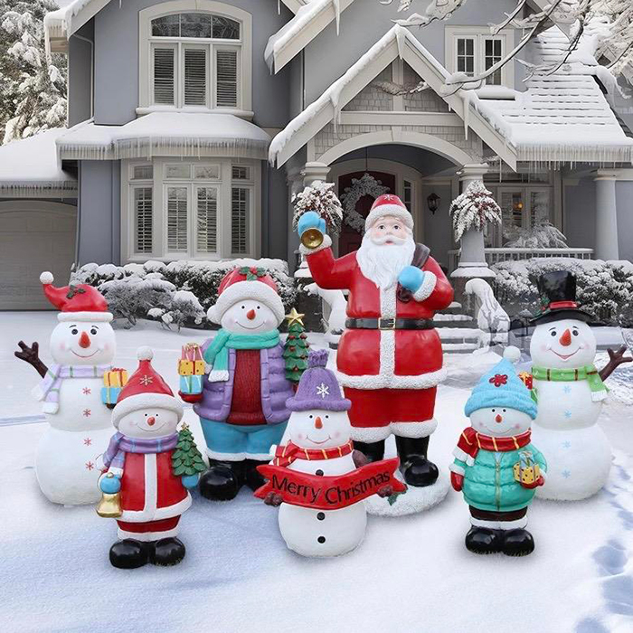 Fiberglass Outdoor Christmas Decorations featuring Santa Claus and three snowmen
