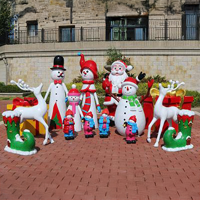 Fiberglass Outdoor Christmas Sculptures featuring Santa Claus, snowmen, reindeer, and festive holiday decorations
