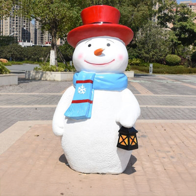 Fiberglass Outdoor Snowman Decorations for Sale with red top hat, blue scarf, and lantern
